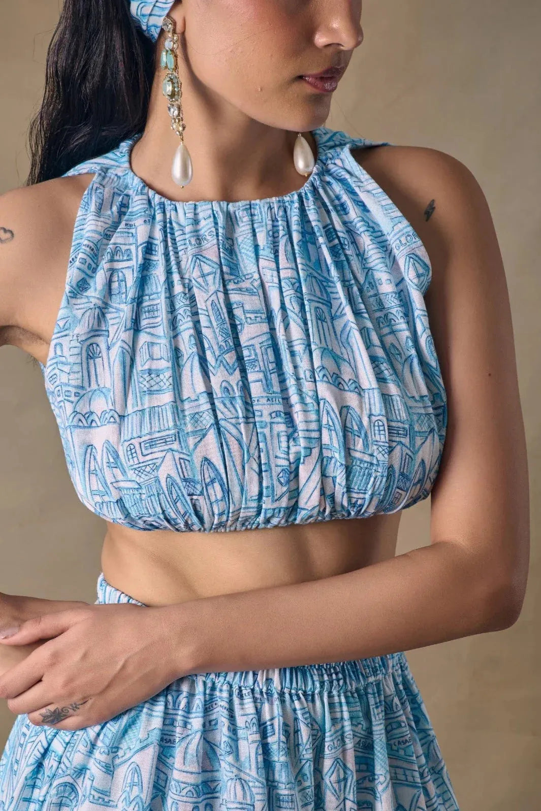 blue landscape gathered blouse, image 2