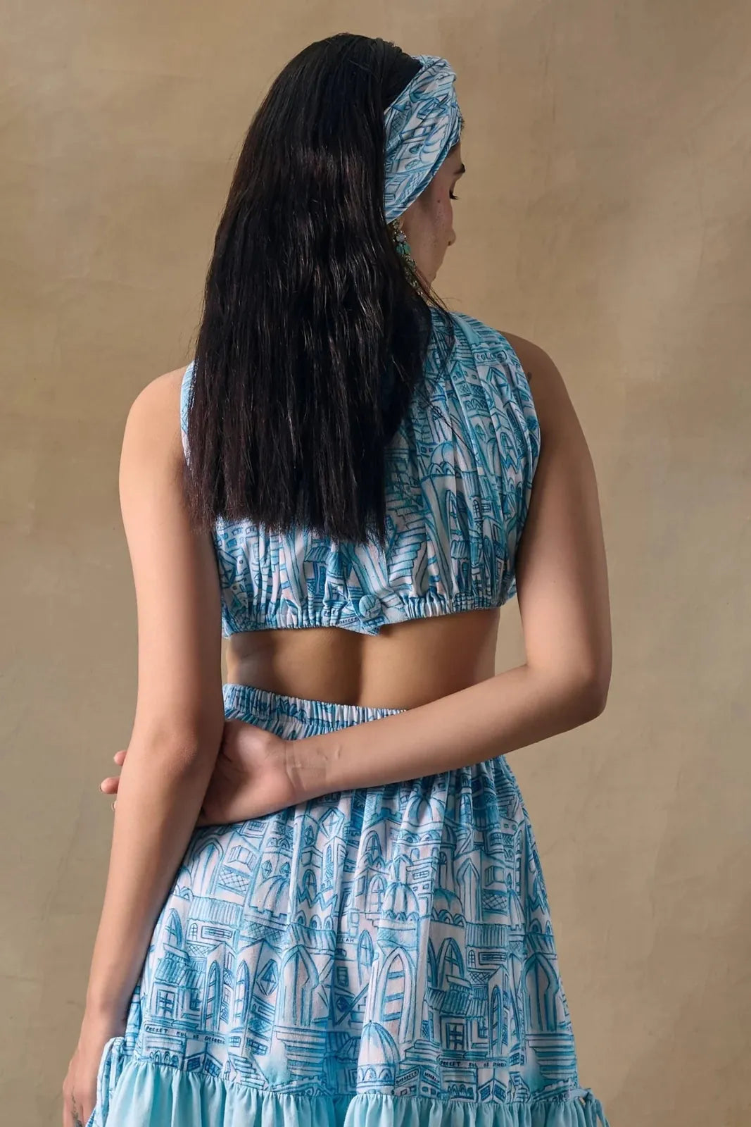 blue landscape gathered blouse, image 4
