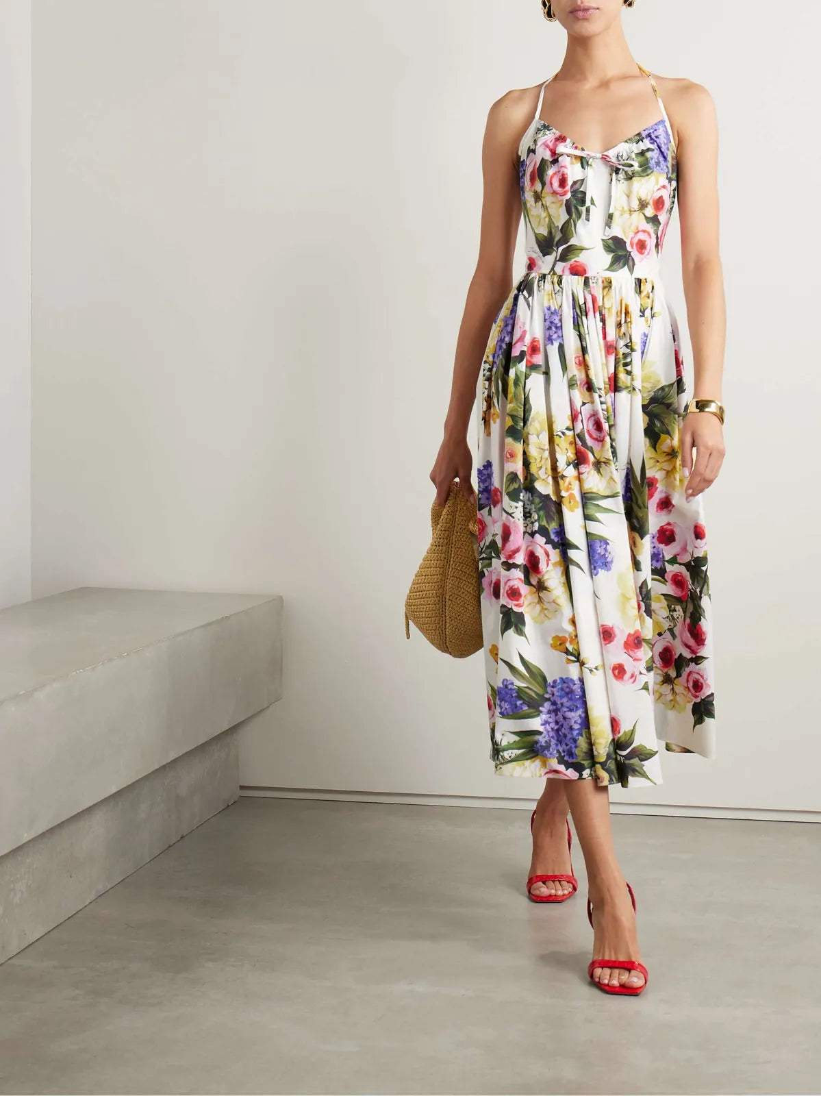 floral poplin halterneck midi dress, image 1