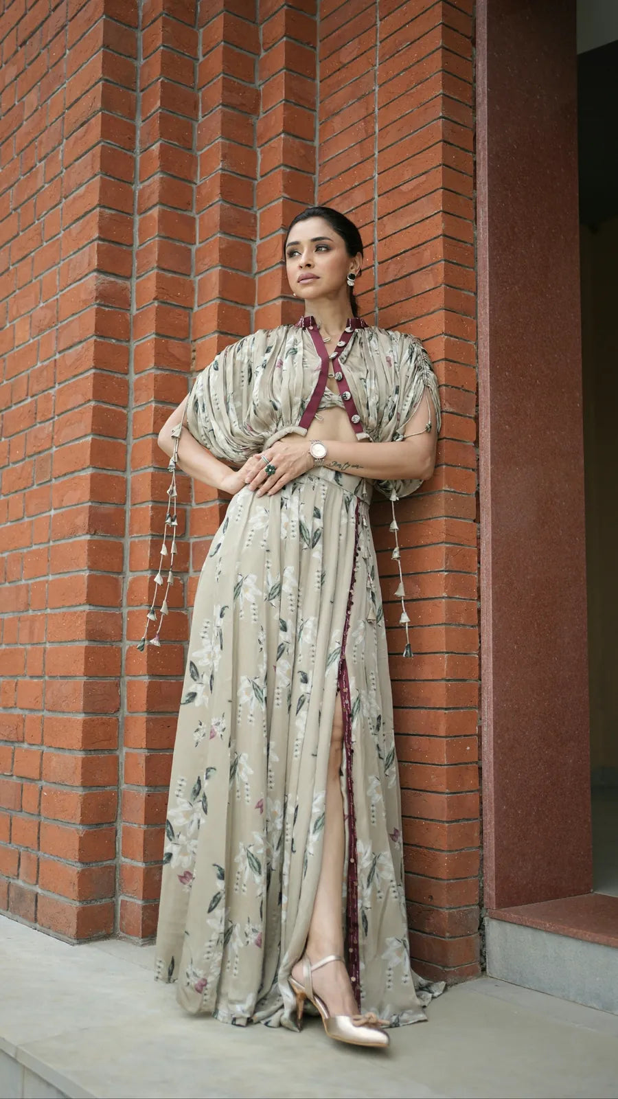 pooja desai in jasmine kalidar skirt with draped jacket and blouse, image 2