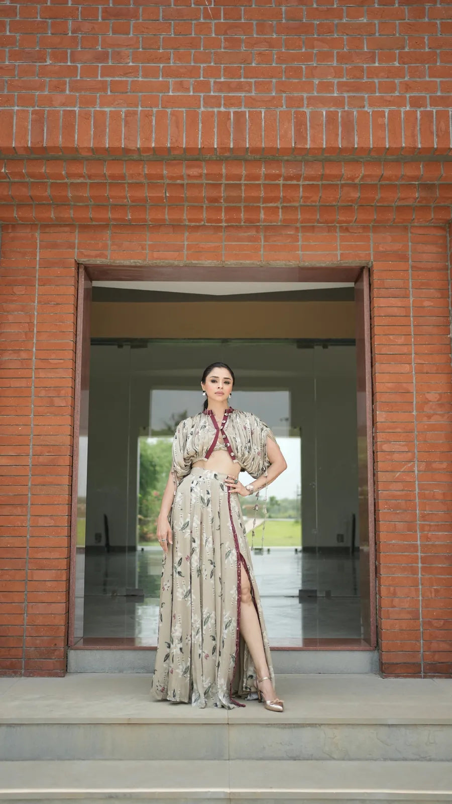 pooja desai in jasmine kalidar skirt with draped jacket and blouse, image 3