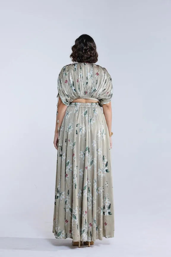 pooja desai in jasmine kalidar skirt with draped jacket and blouse, image 7