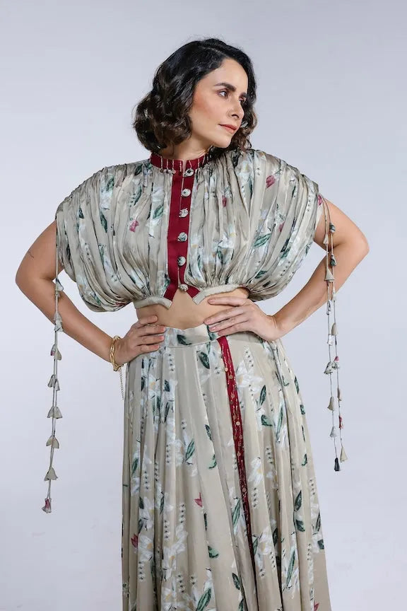 pooja desai in jasmine kalidar skirt with draped jacket and blouse, image 8