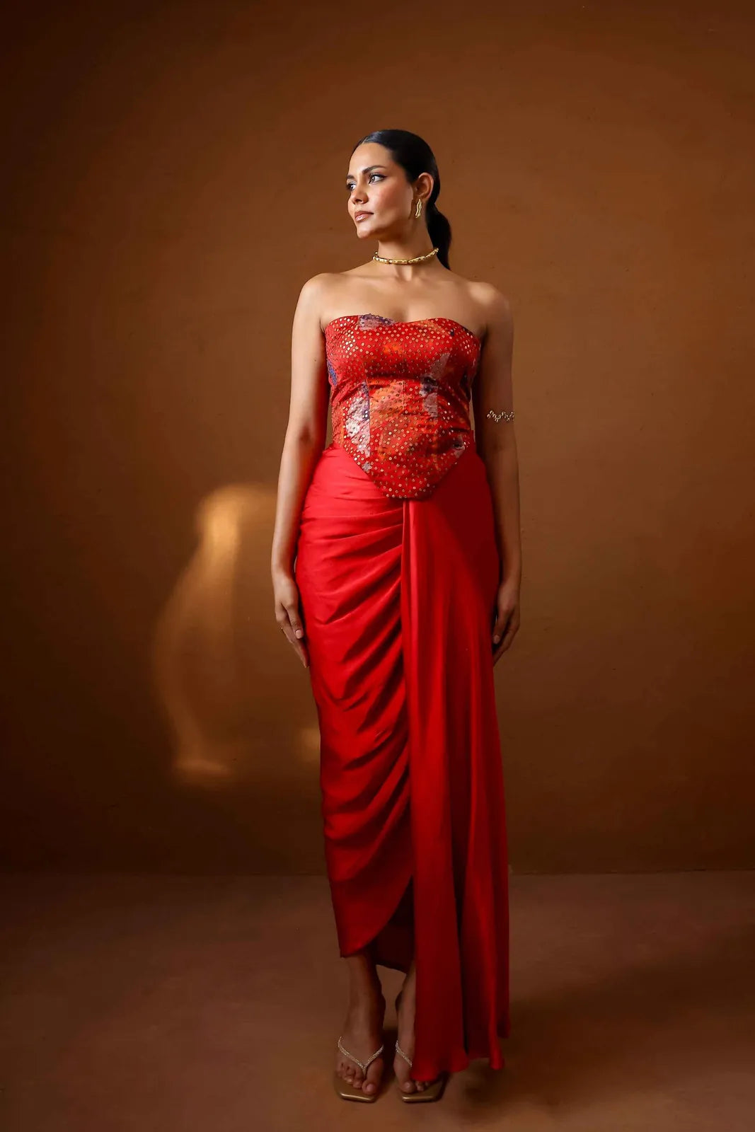 malabari embroidered corset with draped skirt, image 3