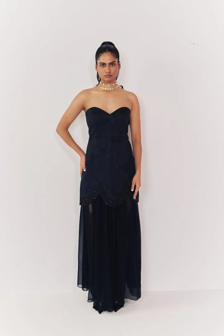 midnight jacquard strapless dress with sheer skirt, image 1