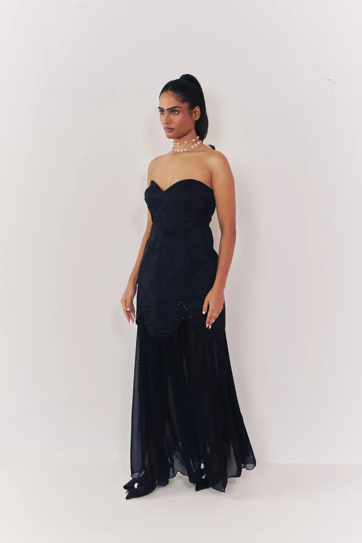 midnight jacquard strapless dress with sheer skirt, image 2