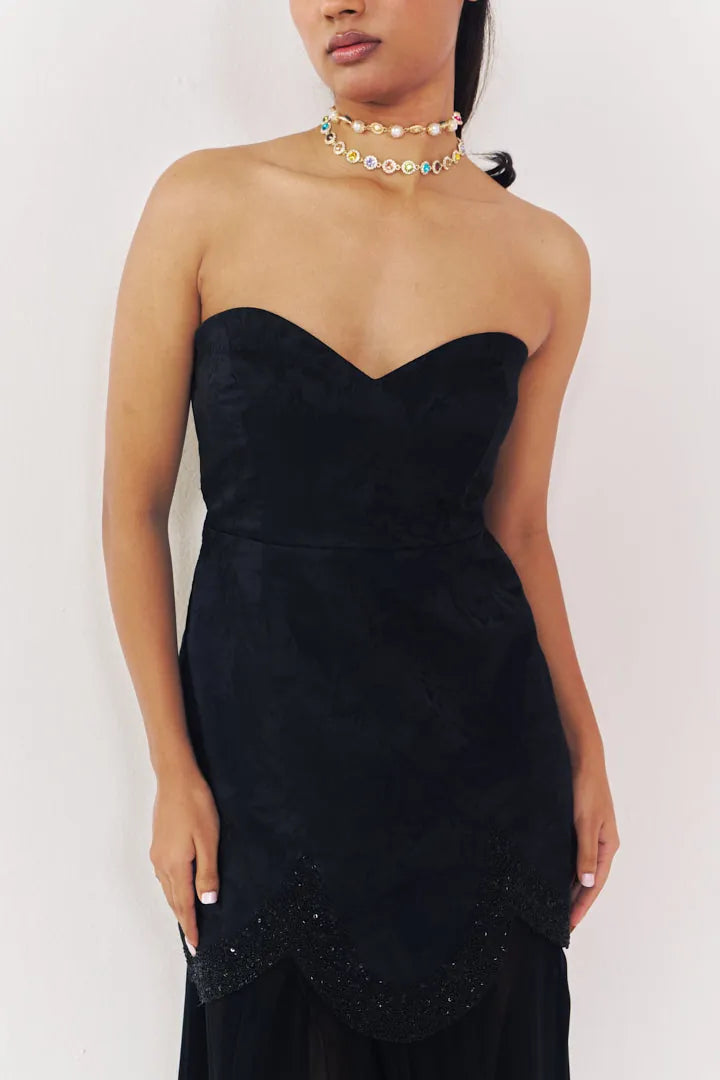 midnight jacquard strapless dress with sheer skirt, image 3