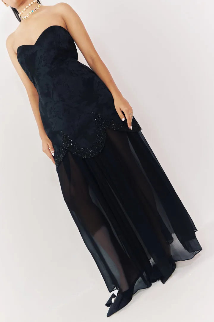midnight jacquard strapless dress with sheer skirt, image 5