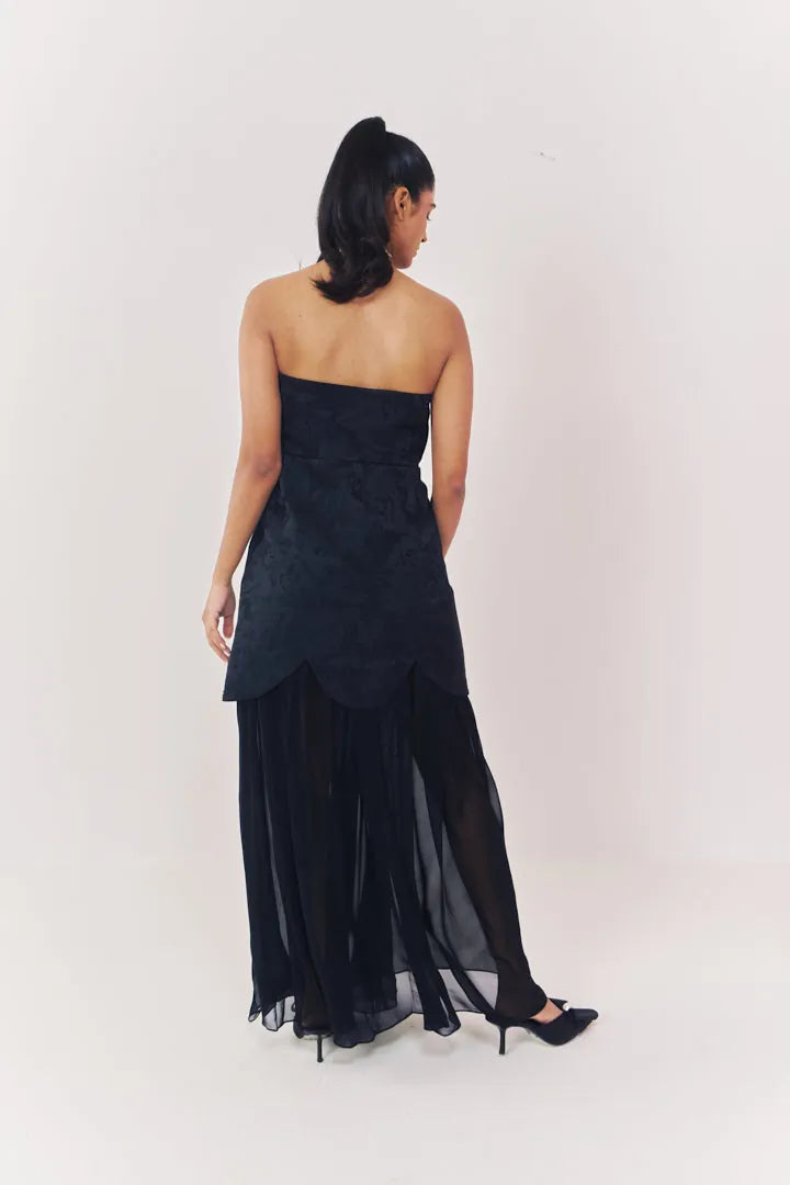 midnight jacquard strapless dress with sheer skirt, image 6