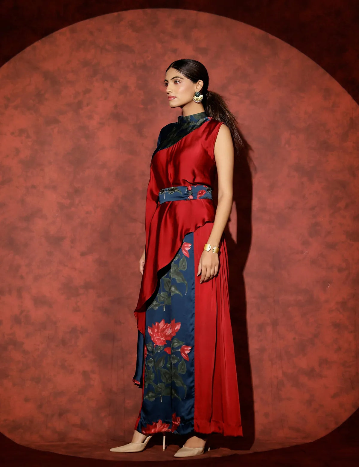 neelam color block asymmetric top paired with side pleated pants, image 2
