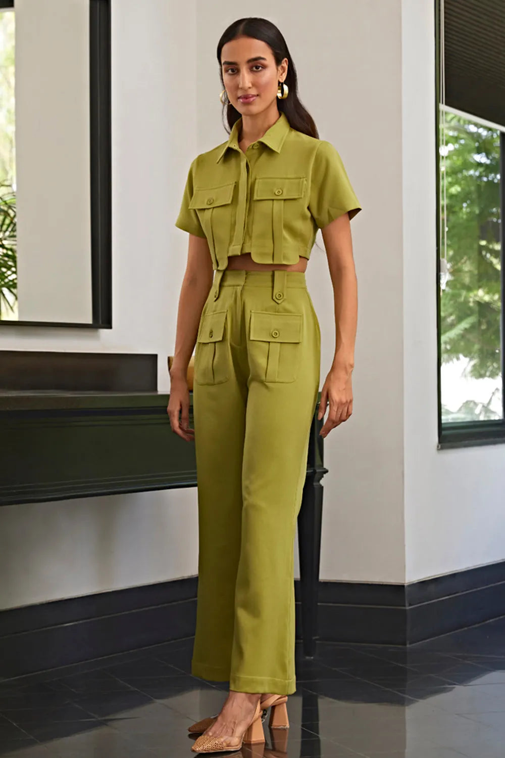 olive green co-ord set with pocket detailing, image 3