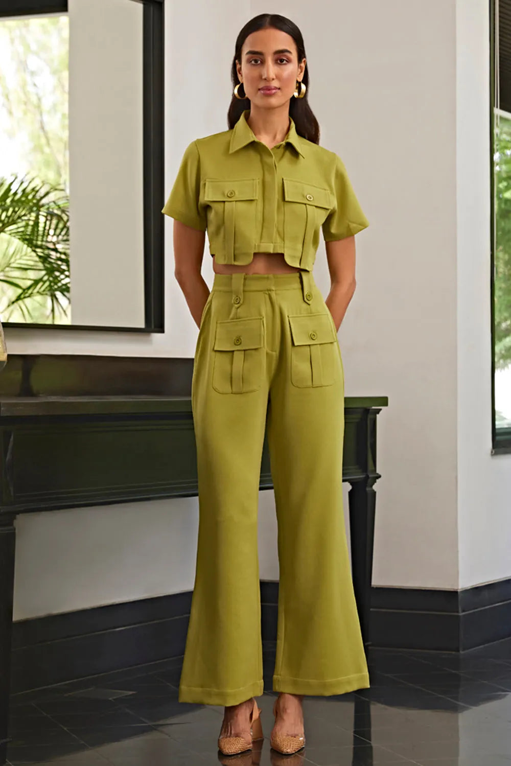 olive green co-ord set with pocket detailing, image 5