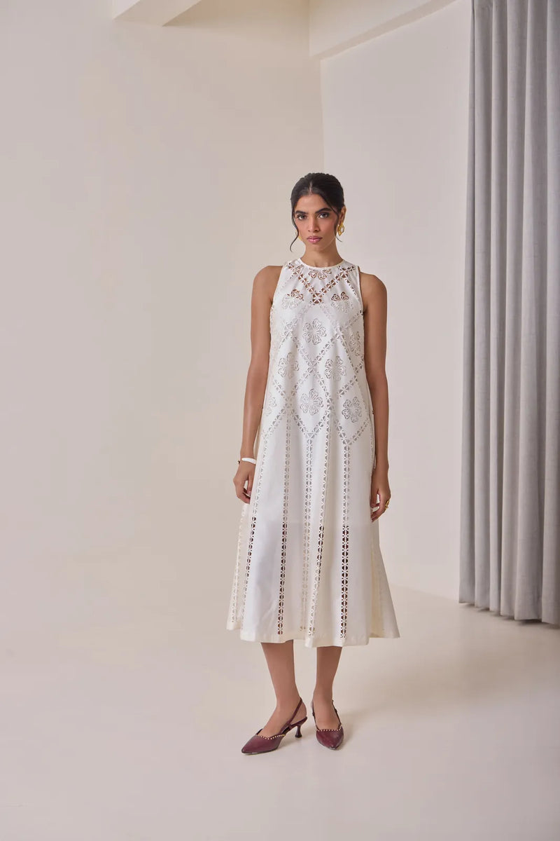 Pearl Cut-Work Midi Dress