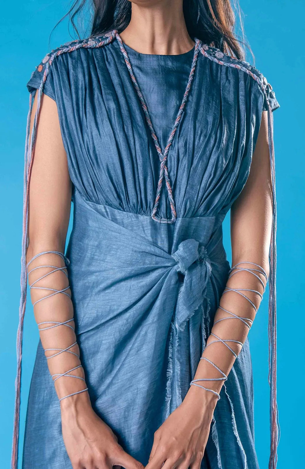 pleated tussar silk and linen dress, image 2