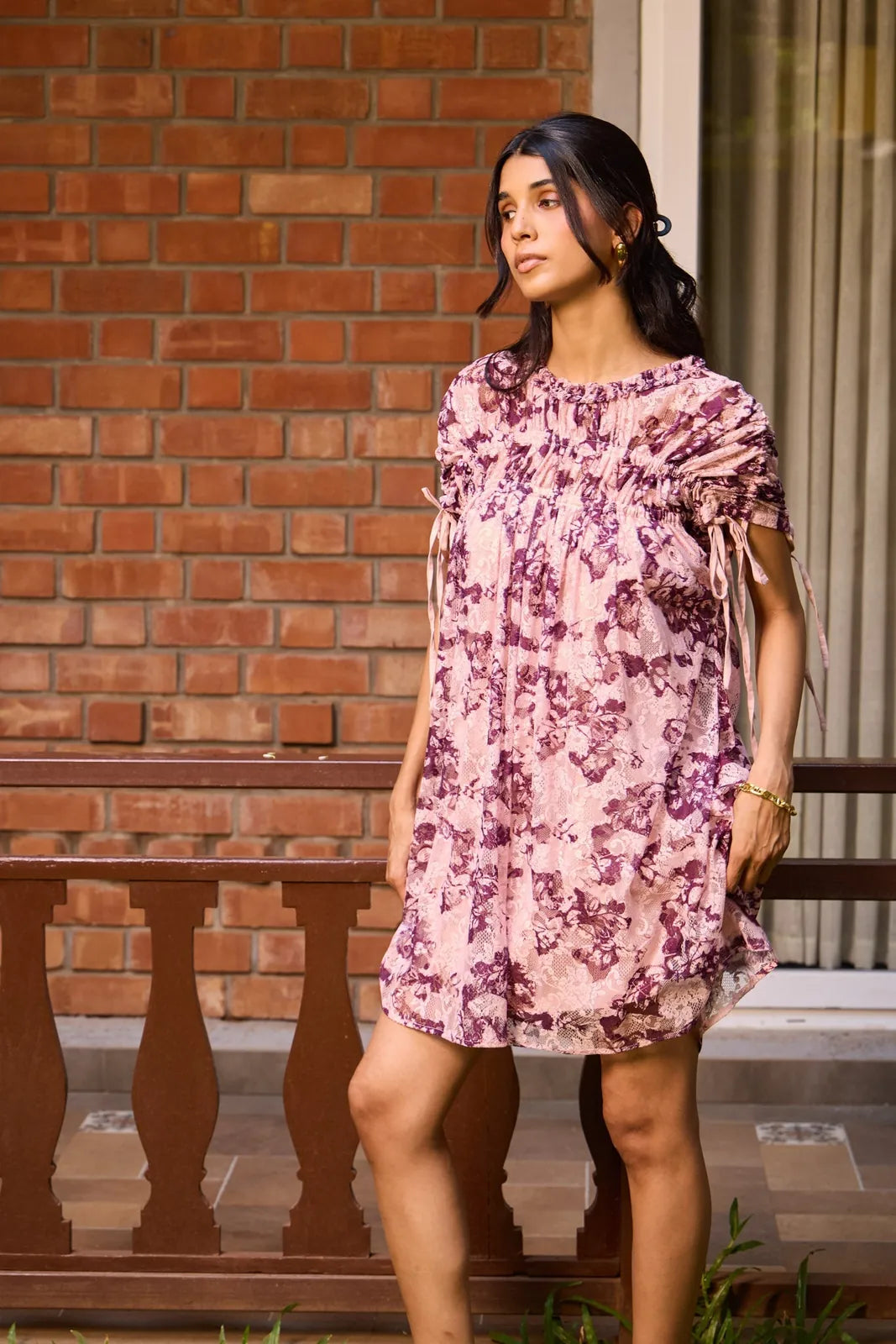 plum lace ruched dress, image 2