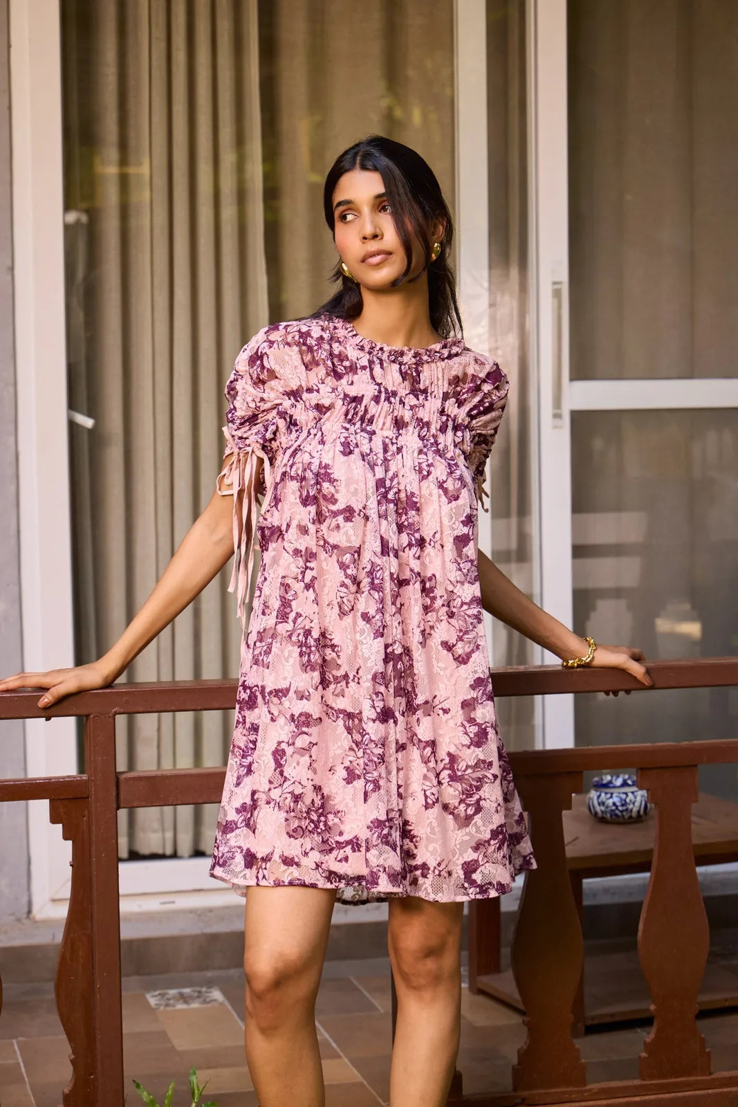 plum lace ruched dress, image 4