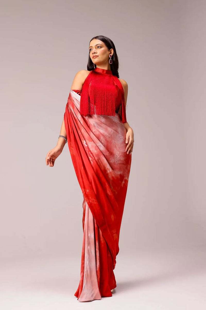 Rosette Draped Sari with Fringe Blouse