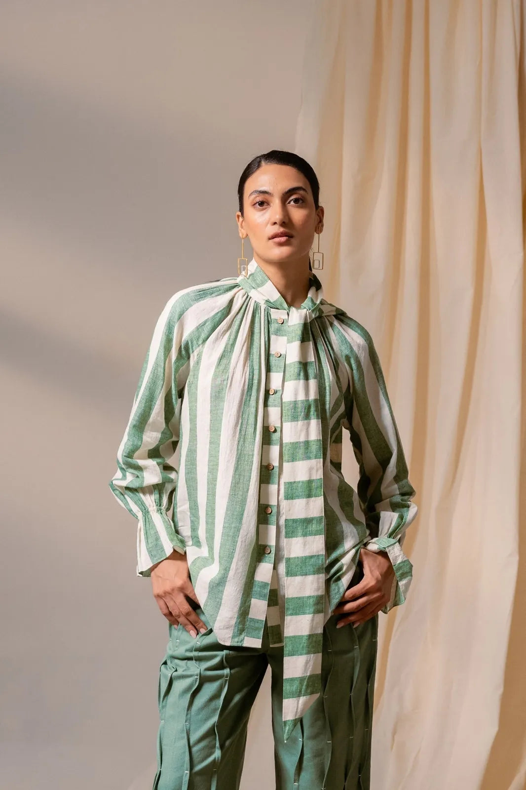 sage green stripes scarf top, image 1