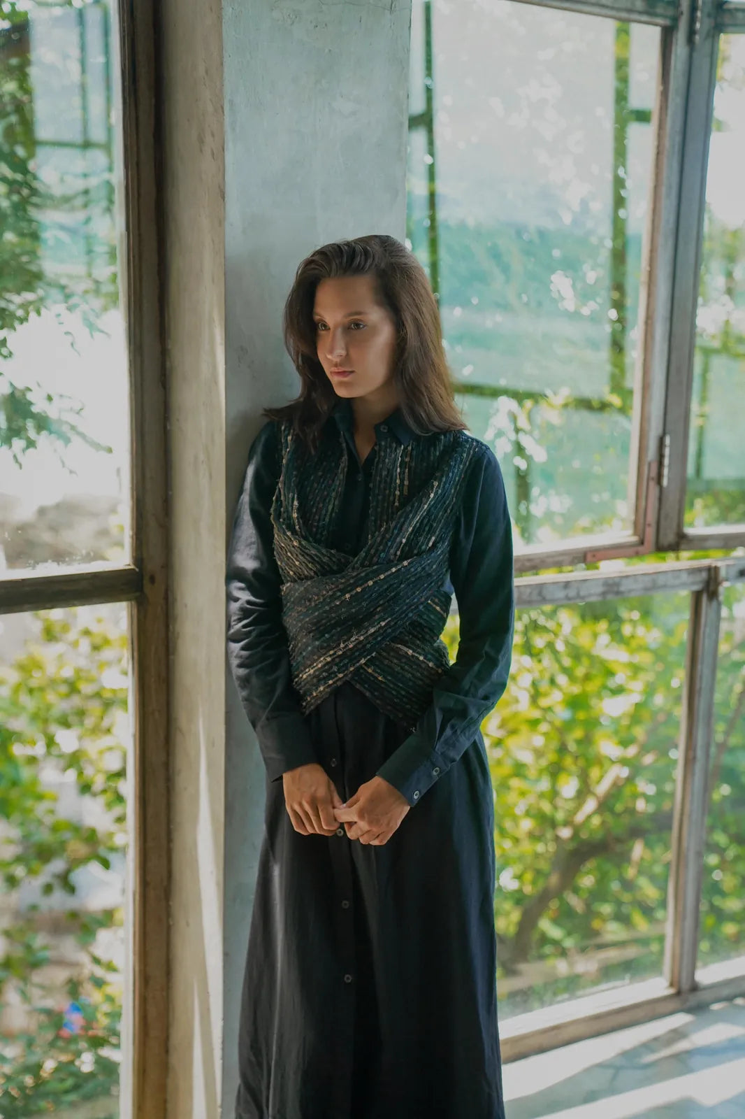 handwoven seattle wrap long dress - black green, image 2