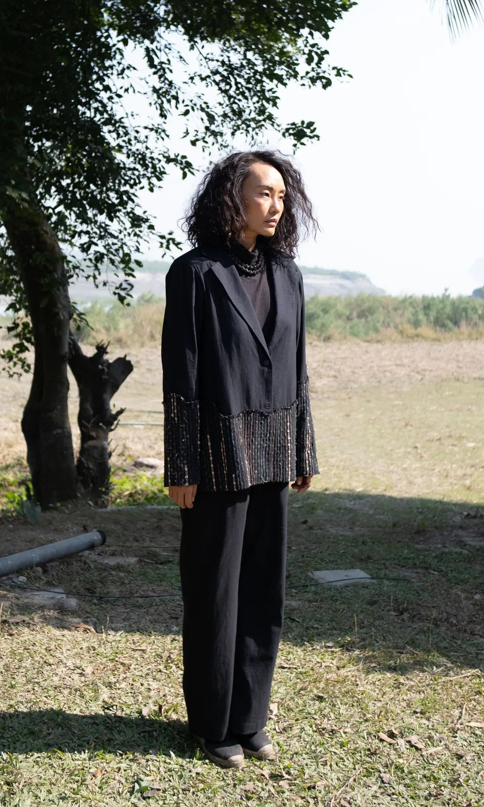 handwoven ying yang blazer - black green, image 2