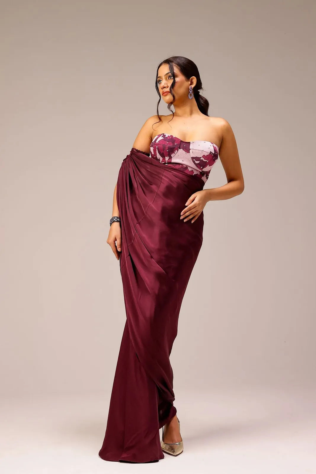 wine draped saree paired with hand embellished blouse, image 3