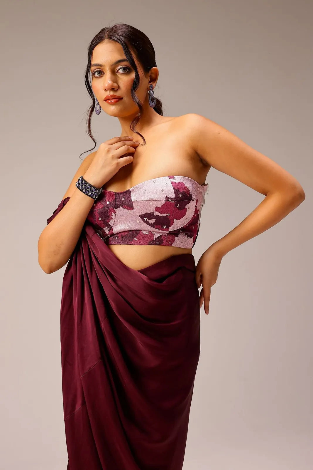 wine draped saree paired with hand embellished blouse, image 5