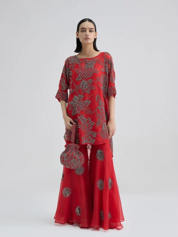 Crimson Hand Beaded Tunic Set