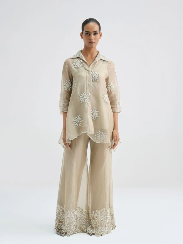 Natural Hand Beaded Palazzo Set